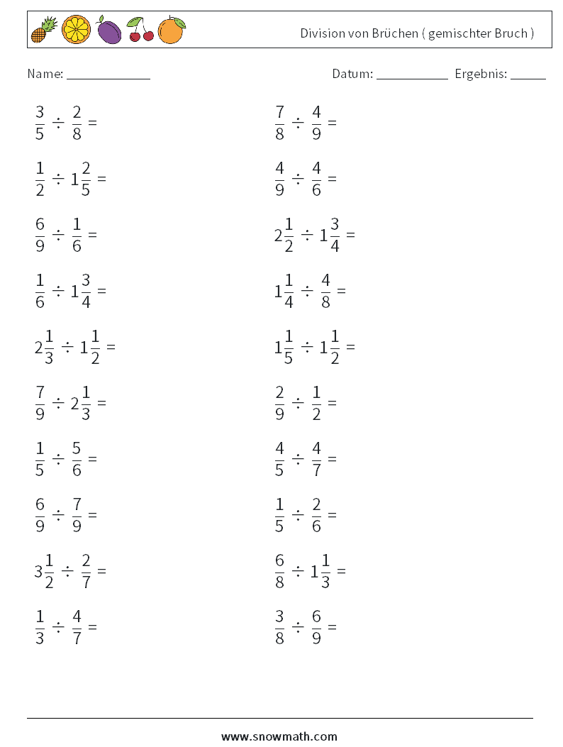 (20) Division von Brüchen ( gemischter Bruch ) Mathe-Arbeitsblätter 15