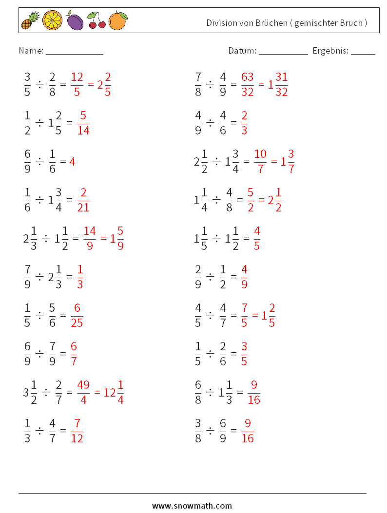 (20) Division von Brüchen ( gemischter Bruch ) Mathe-Arbeitsblätter 15 Frage, Antwort