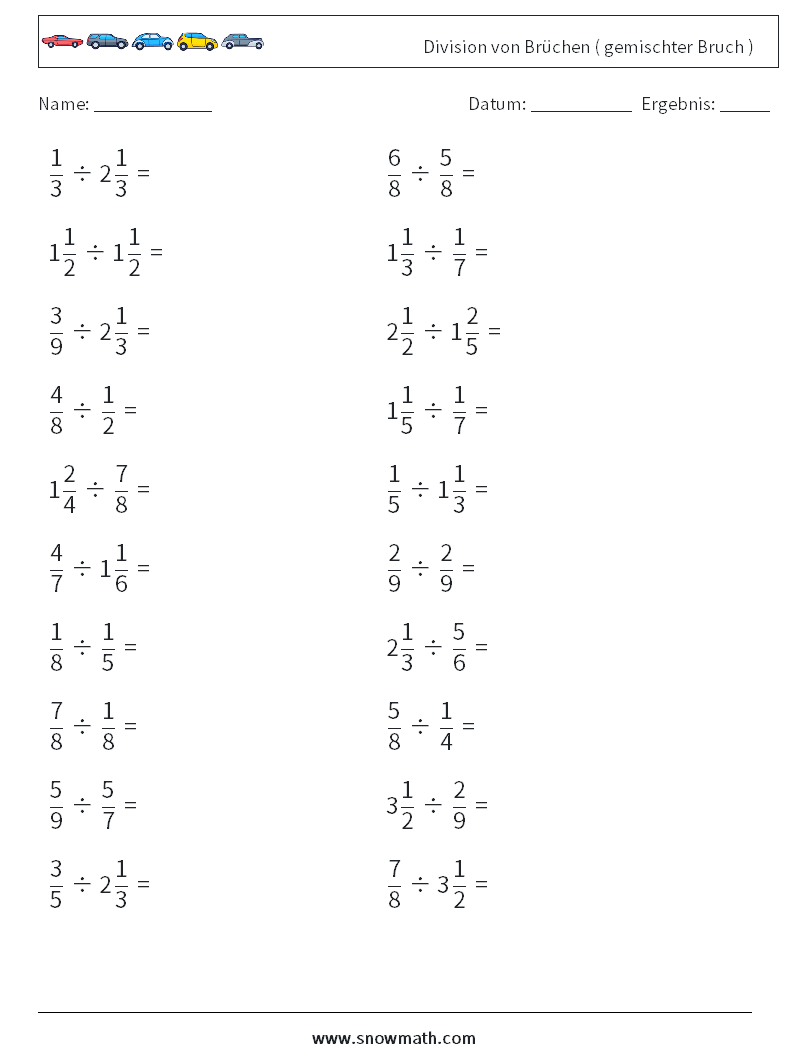 (20) Division von Brüchen ( gemischter Bruch ) Mathe-Arbeitsblätter 16