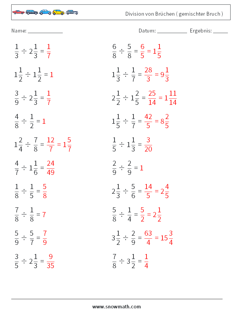 (20) Division von Brüchen ( gemischter Bruch ) Mathe-Arbeitsblätter 16 Frage, Antwort