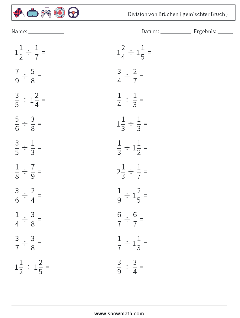 (20) Division von Brüchen ( gemischter Bruch ) Mathe-Arbeitsblätter 17