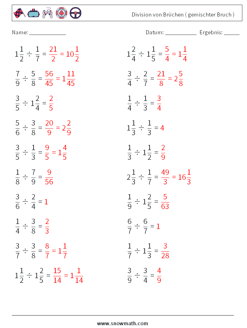 (20) Division von Brüchen ( gemischter Bruch ) Mathe-Arbeitsblätter 17 Frage, Antwort