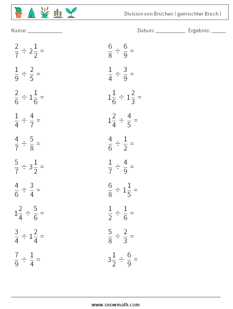 (20) Division von Brüchen ( gemischter Bruch ) Mathe-Arbeitsblätter 18