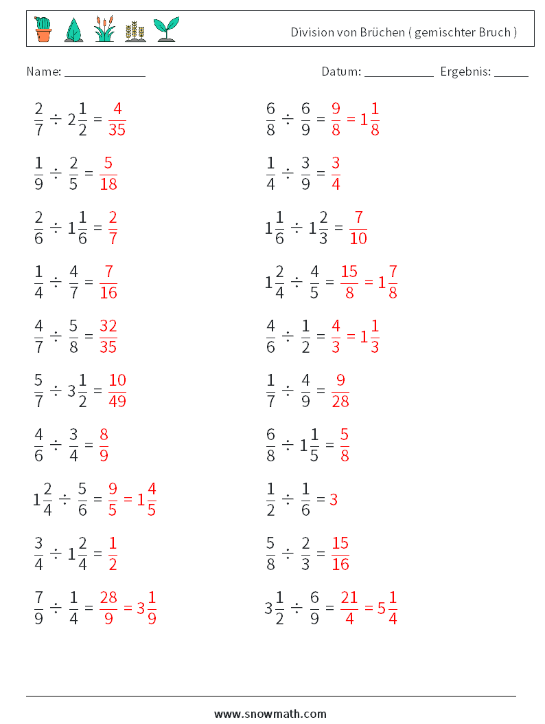 (20) Division von Brüchen ( gemischter Bruch ) Mathe-Arbeitsblätter 18 Frage, Antwort