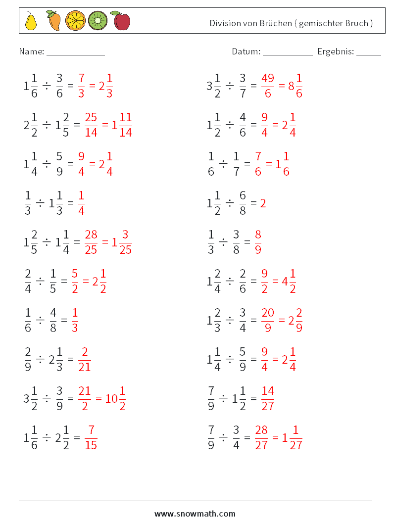 (20) Division von Brüchen ( gemischter Bruch ) Mathe-Arbeitsblätter 1 Frage, Antwort