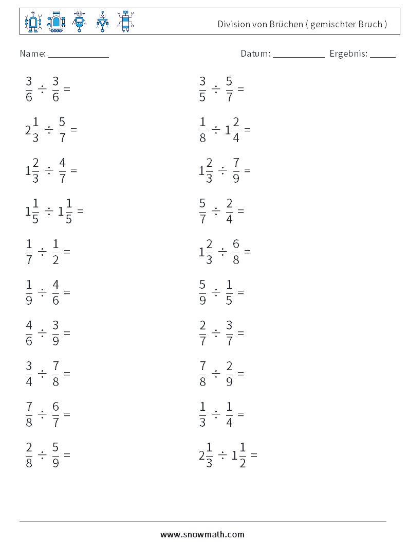 (20) Division von Brüchen ( gemischter Bruch ) Mathe-Arbeitsblätter 2