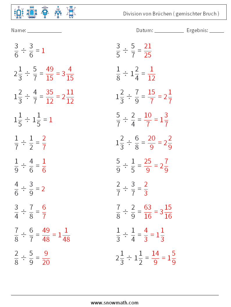 (20) Division von Brüchen ( gemischter Bruch ) Mathe-Arbeitsblätter 2 Frage, Antwort