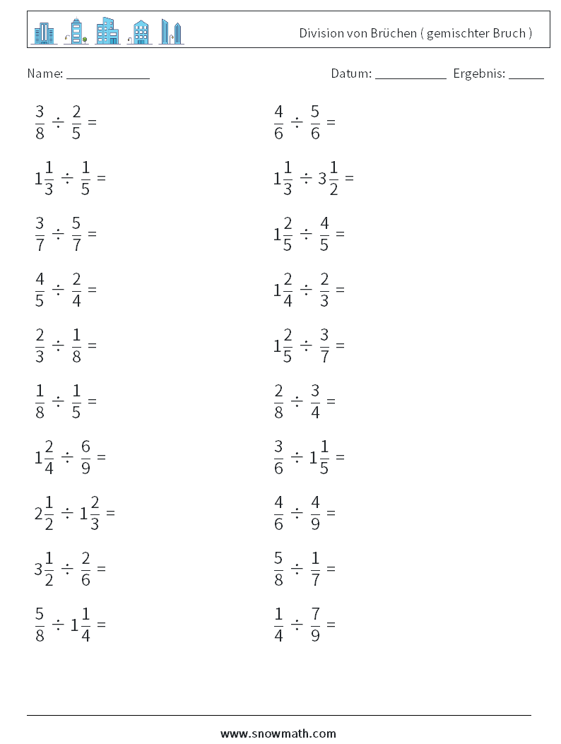 (20) Division von Brüchen ( gemischter Bruch ) Mathe-Arbeitsblätter 3