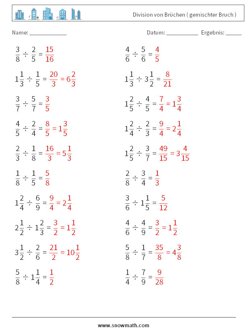 (20) Division von Brüchen ( gemischter Bruch ) Mathe-Arbeitsblätter 3 Frage, Antwort