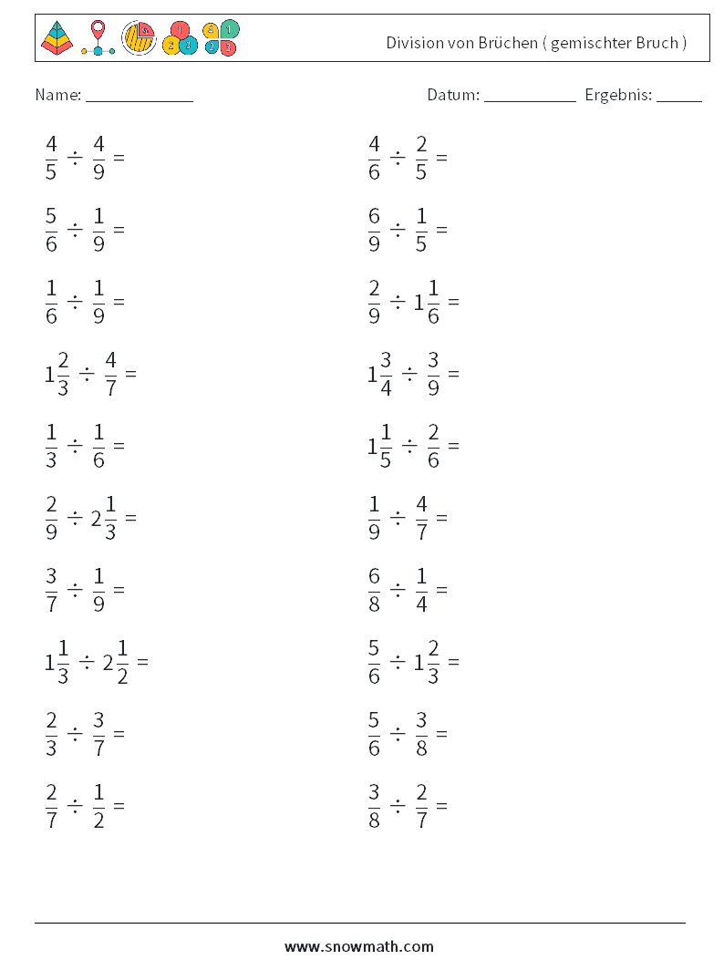 (20) Division von Brüchen ( gemischter Bruch ) Mathe-Arbeitsblätter 4