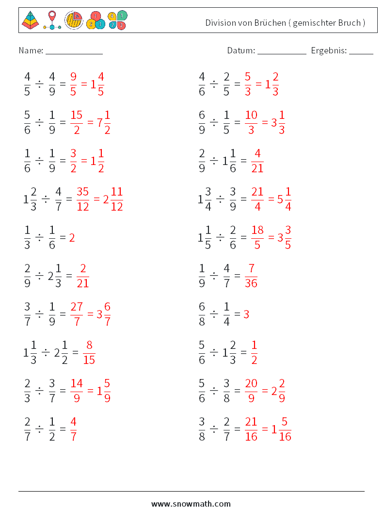 (20) Division von Brüchen ( gemischter Bruch ) Mathe-Arbeitsblätter 4 Frage, Antwort