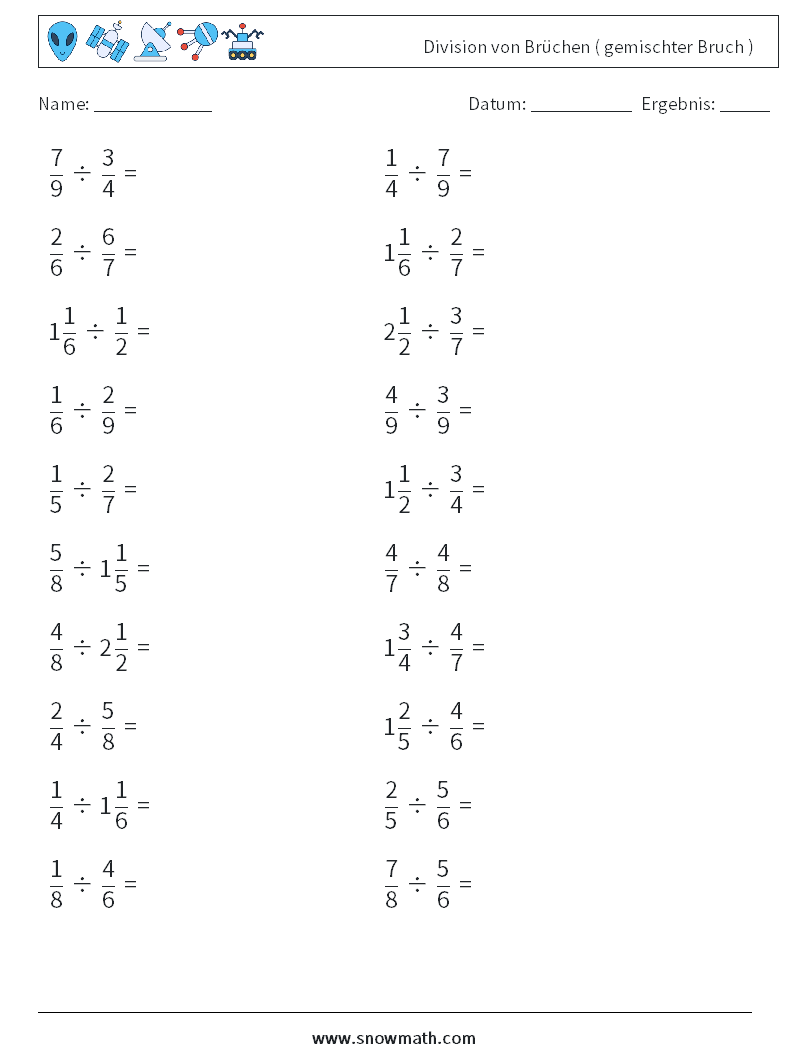 (20) Division von Brüchen ( gemischter Bruch ) Mathe-Arbeitsblätter 5