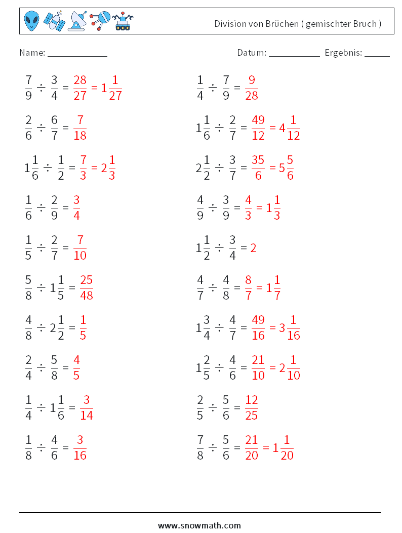 (20) Division von Brüchen ( gemischter Bruch ) Mathe-Arbeitsblätter 5 Frage, Antwort