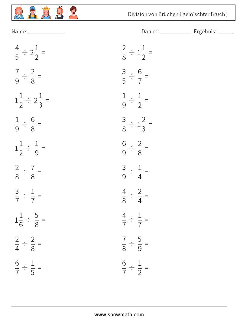 (20) Division von Brüchen ( gemischter Bruch ) Mathe-Arbeitsblätter 6