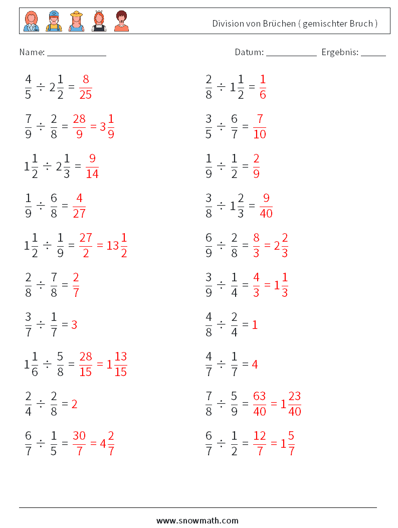 (20) Division von Brüchen ( gemischter Bruch ) Mathe-Arbeitsblätter 6 Frage, Antwort
