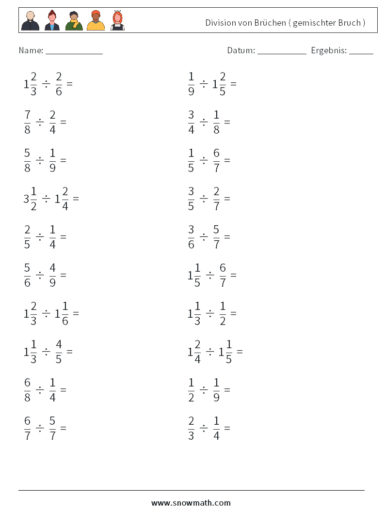 (20) Division von Brüchen ( gemischter Bruch ) Mathe-Arbeitsblätter 7