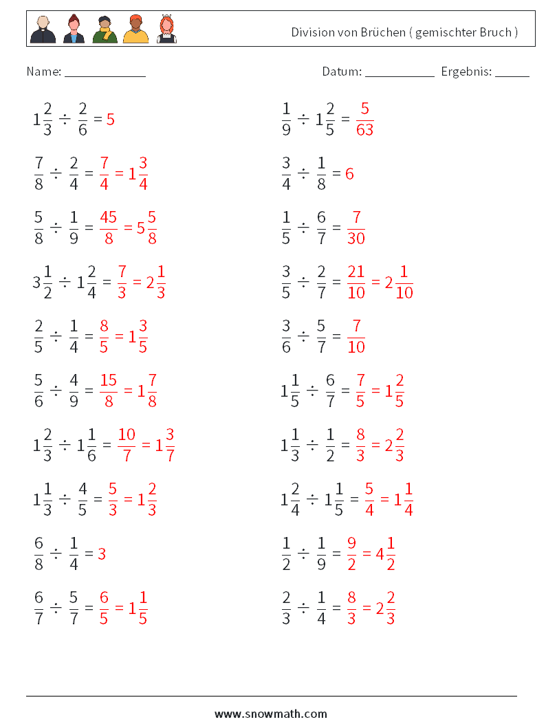 (20) Division von Brüchen ( gemischter Bruch ) Mathe-Arbeitsblätter 7 Frage, Antwort