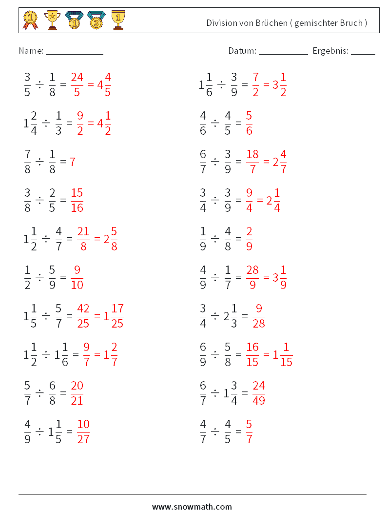 (20) Division von Brüchen ( gemischter Bruch ) Mathe-Arbeitsblätter 8 Frage, Antwort