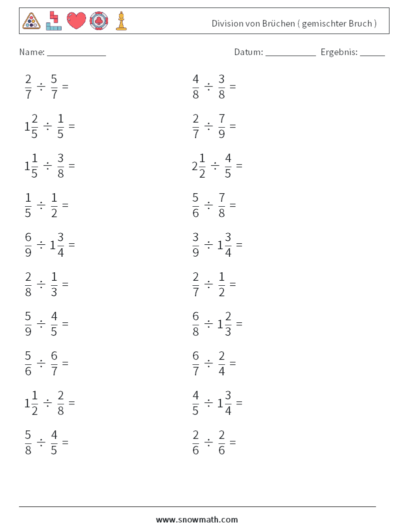 (20) Division von Brüchen ( gemischter Bruch ) Mathe-Arbeitsblätter 9