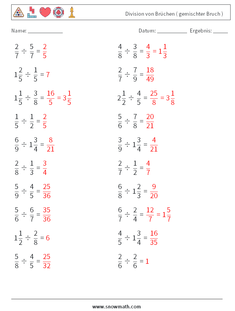 (20) Division von Brüchen ( gemischter Bruch ) Mathe-Arbeitsblätter 9 Frage, Antwort