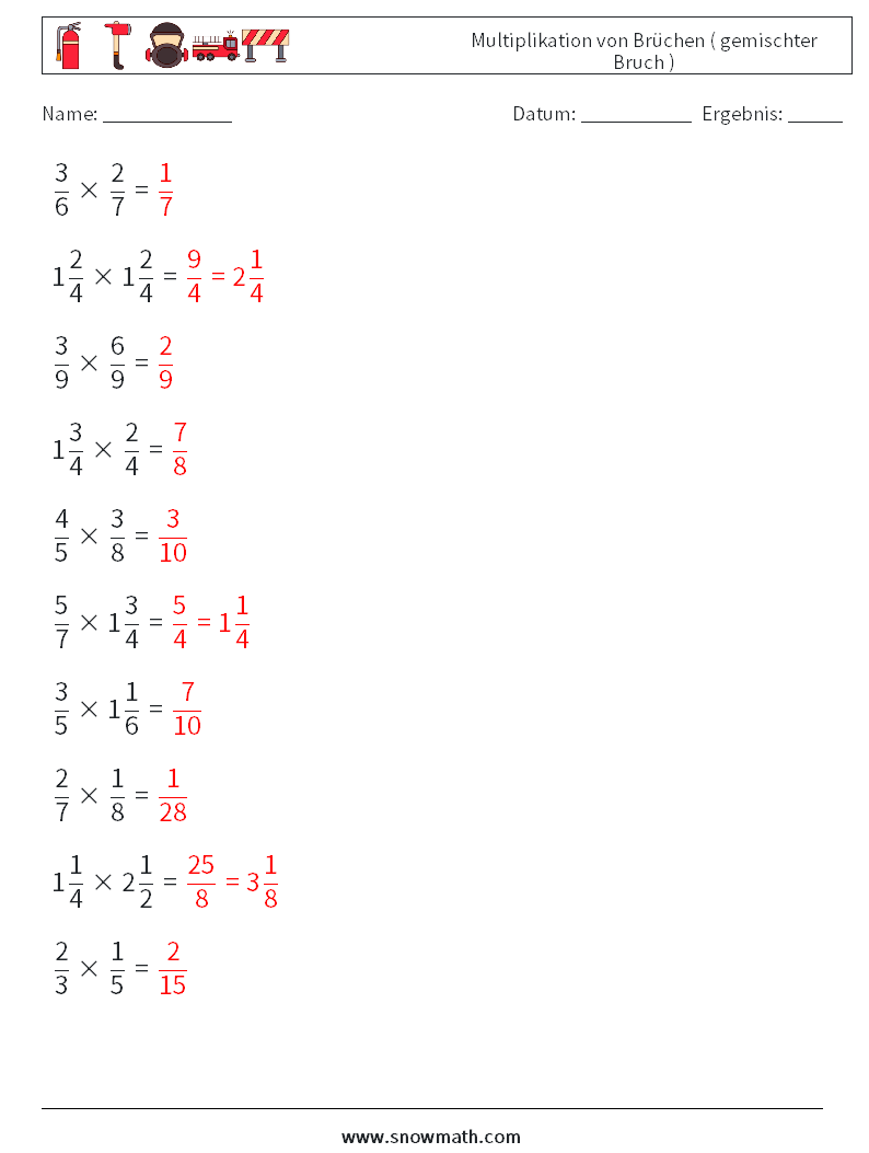 (10) Multiplikation von Brüchen ( gemischter Bruch ) Mathe-Arbeitsblätter 11 Frage, Antwort