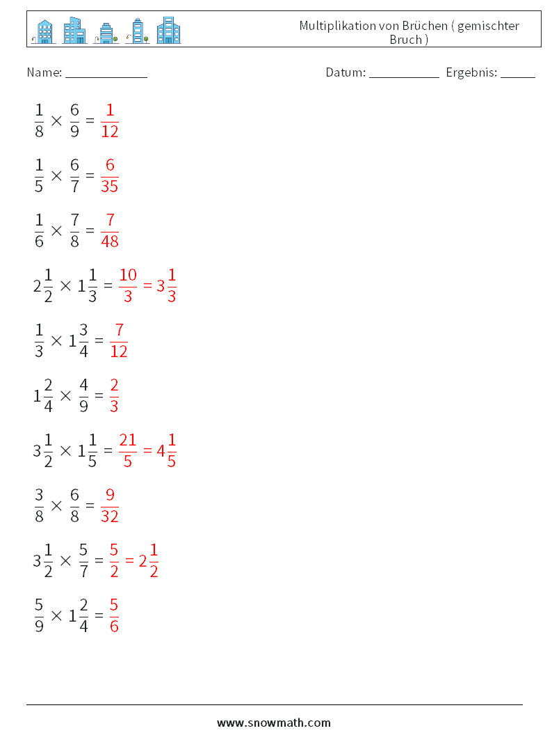 (10) Multiplikation von Brüchen ( gemischter Bruch ) Mathe-Arbeitsblätter 13 Frage, Antwort