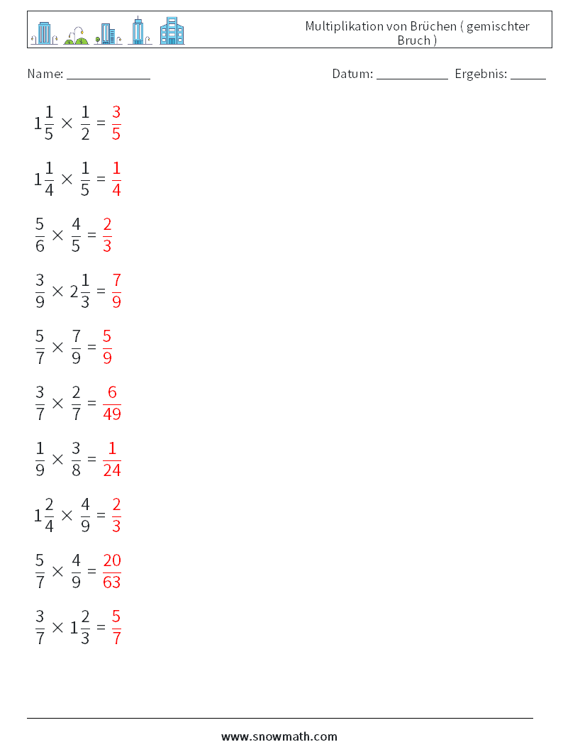 (10) Multiplikation von Brüchen ( gemischter Bruch ) Mathe-Arbeitsblätter 16 Frage, Antwort