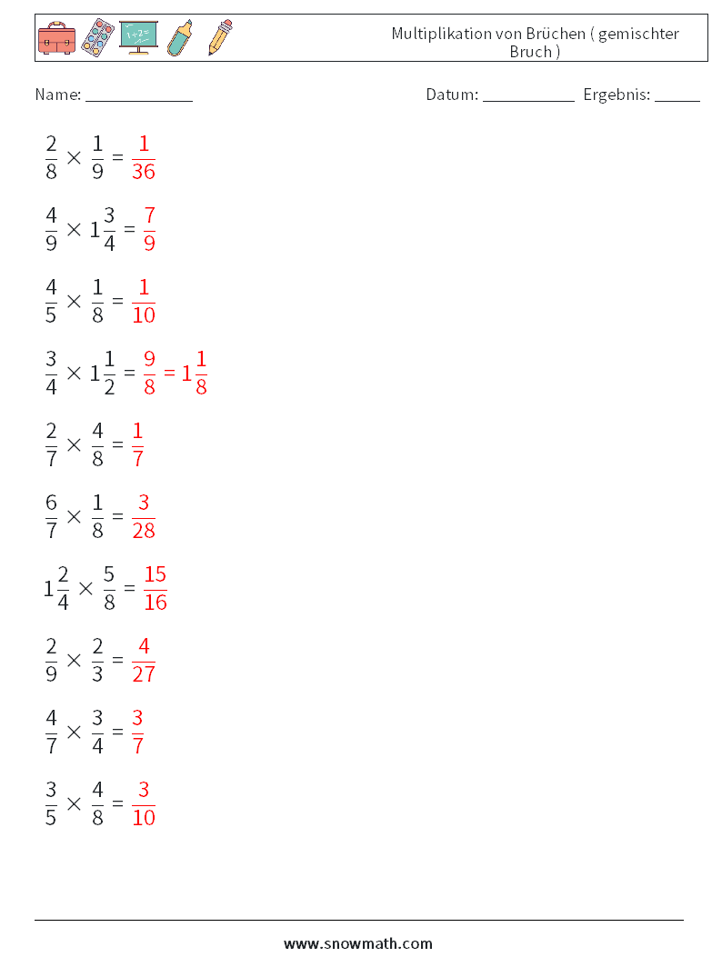 (10) Multiplikation von Brüchen ( gemischter Bruch ) Mathe-Arbeitsblätter 17 Frage, Antwort