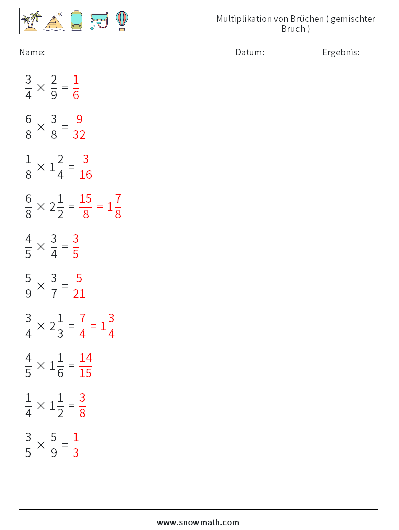 (10) Multiplikation von Brüchen ( gemischter Bruch ) Mathe-Arbeitsblätter 1 Frage, Antwort