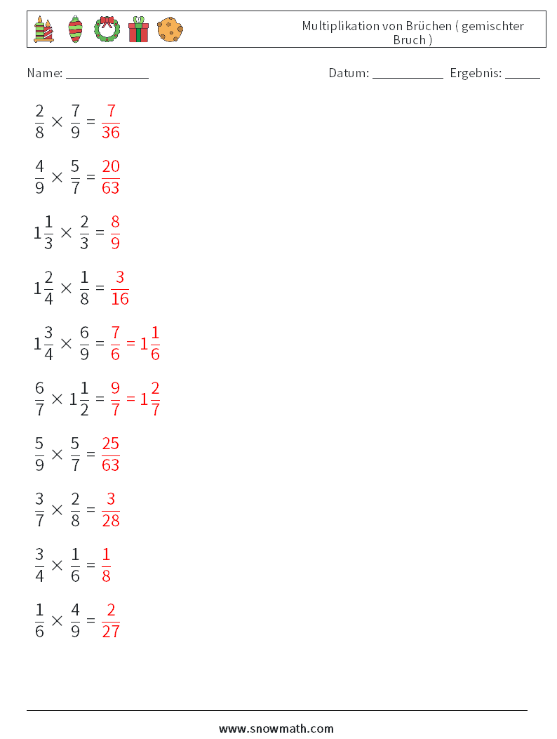 (10) Multiplikation von Brüchen ( gemischter Bruch ) Mathe-Arbeitsblätter 4 Frage, Antwort