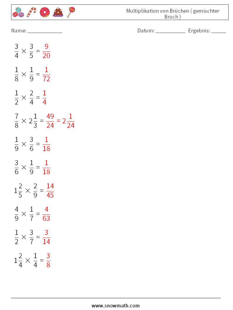 (10) Multiplikation von Brüchen ( gemischter Bruch ) Mathe-Arbeitsblätter 8 Frage, Antwort