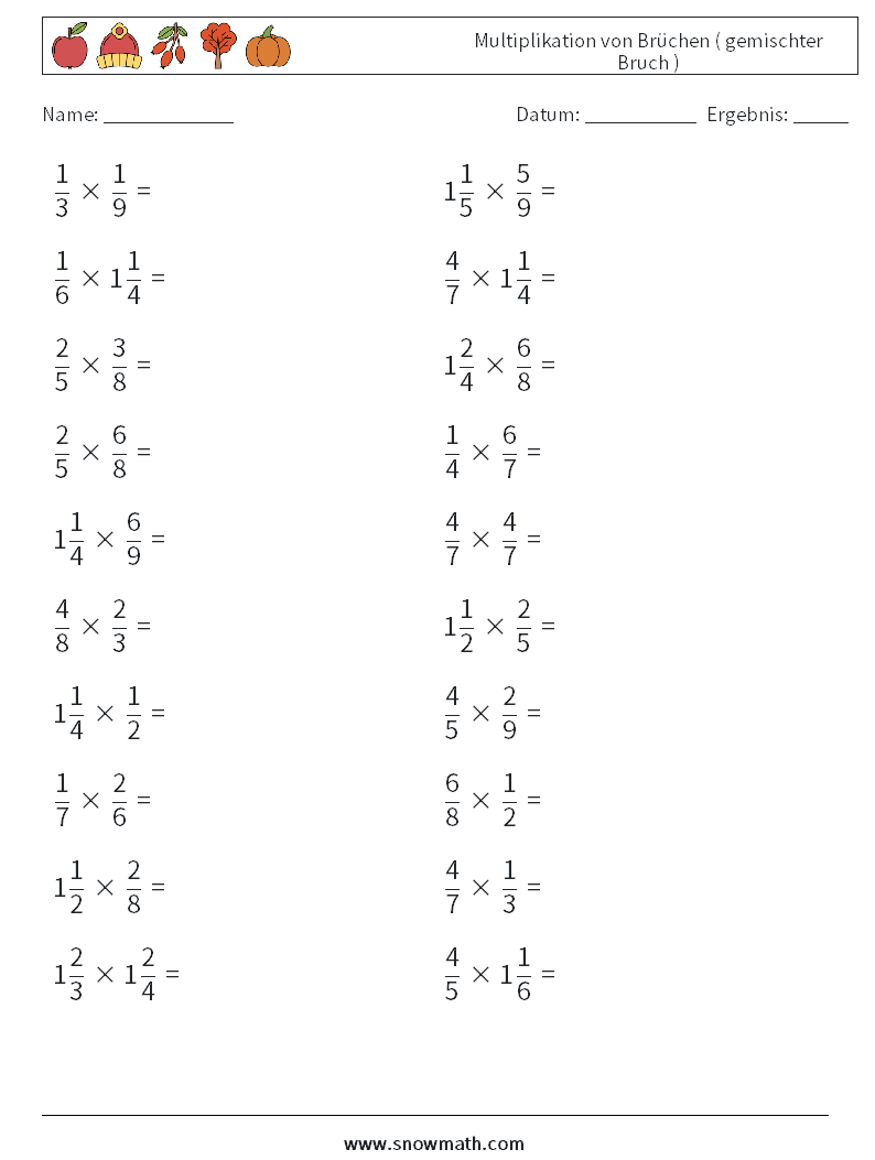 (20) Multiplikation von Brüchen ( gemischter Bruch ) Mathe-Arbeitsblätter 1