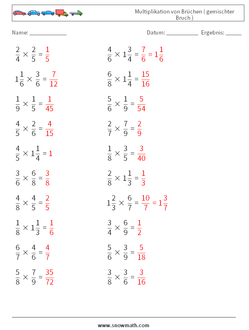 (20) Multiplikation von Brüchen ( gemischter Bruch ) Mathe-Arbeitsblätter 8 Frage, Antwort