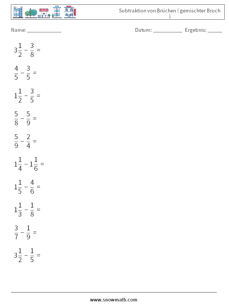 (10) Subtraktion von Brüchen ( gemischter Bruch ) Mathe-Arbeitsblätter 10