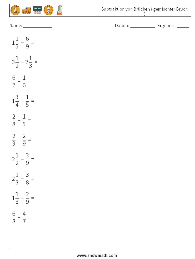 (10) Subtraktion von Brüchen ( gemischter Bruch ) Mathe-Arbeitsblätter 11