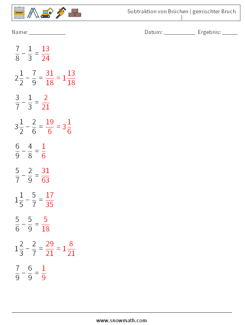 (10) Subtraktion von Brüchen ( gemischter Bruch ) Mathe-Arbeitsblätter 12 Frage, Antwort