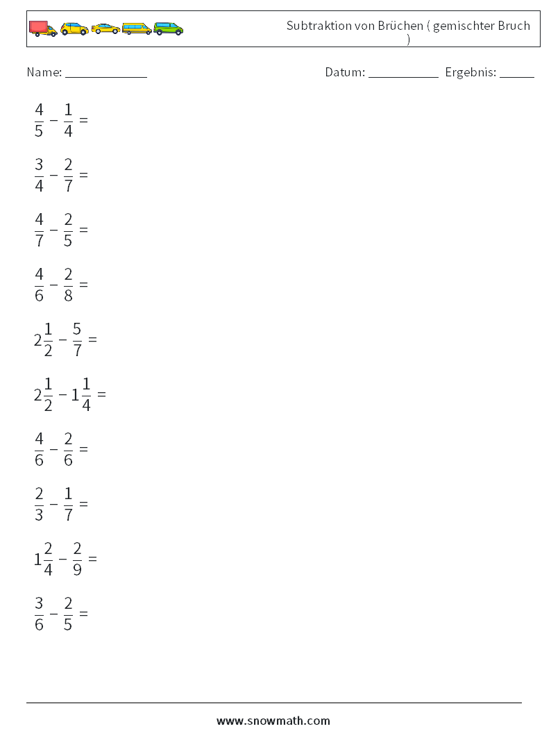 (10) Subtraktion von Brüchen ( gemischter Bruch ) Mathe-Arbeitsblätter 13