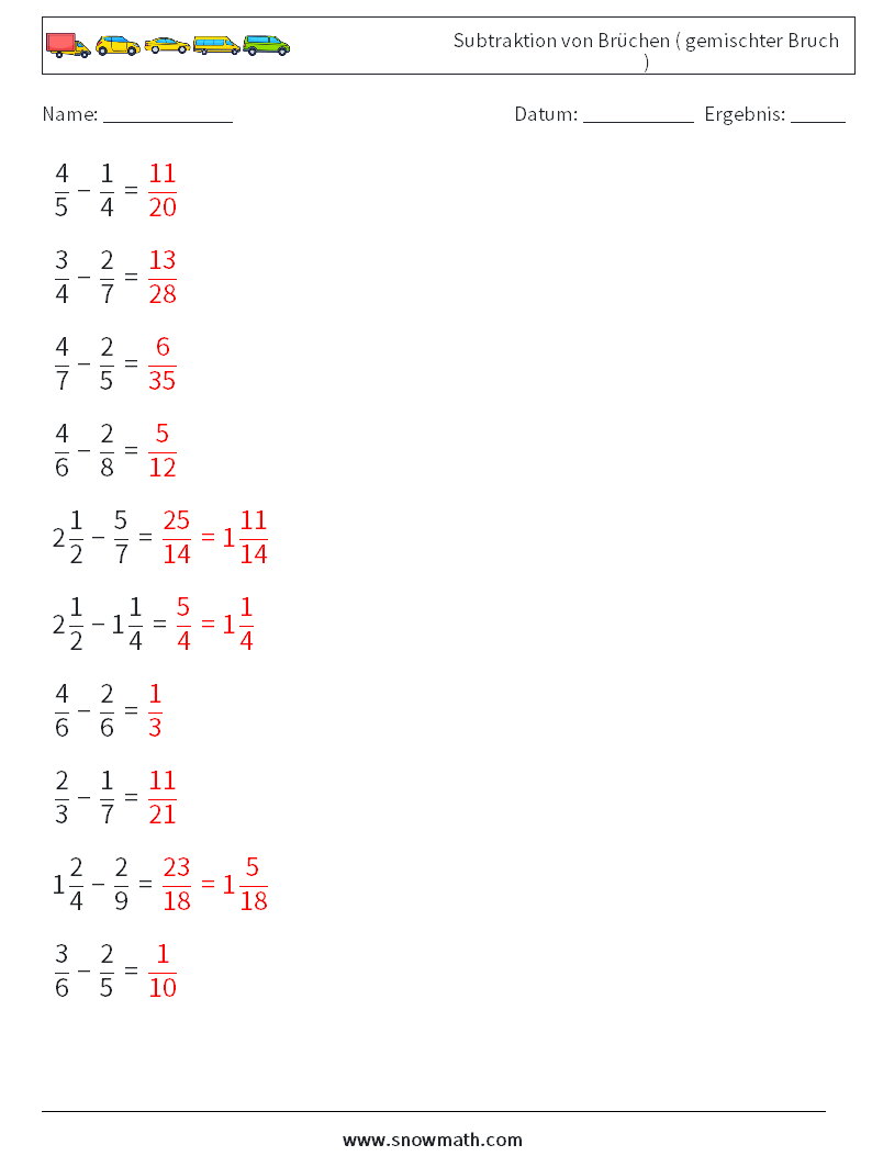 (10) Subtraktion von Brüchen ( gemischter Bruch ) Mathe-Arbeitsblätter 13 Frage, Antwort