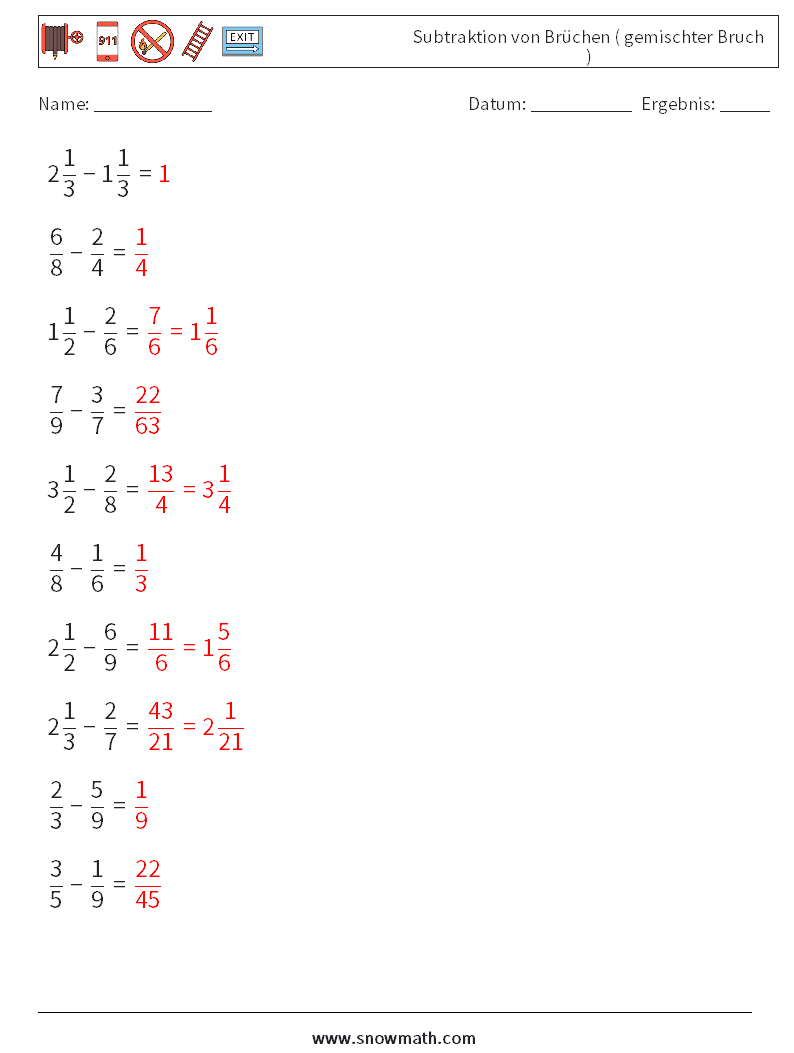 (10) Subtraktion von Brüchen ( gemischter Bruch ) Mathe-Arbeitsblätter 14 Frage, Antwort