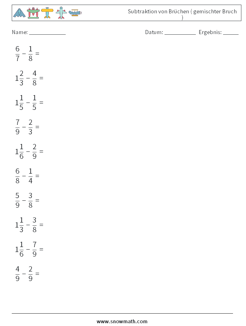 (10) Subtraktion von Brüchen ( gemischter Bruch ) Mathe-Arbeitsblätter 15