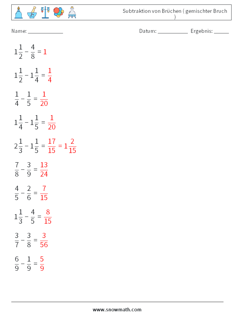 (10) Subtraktion von Brüchen ( gemischter Bruch ) Mathe-Arbeitsblätter 16 Frage, Antwort