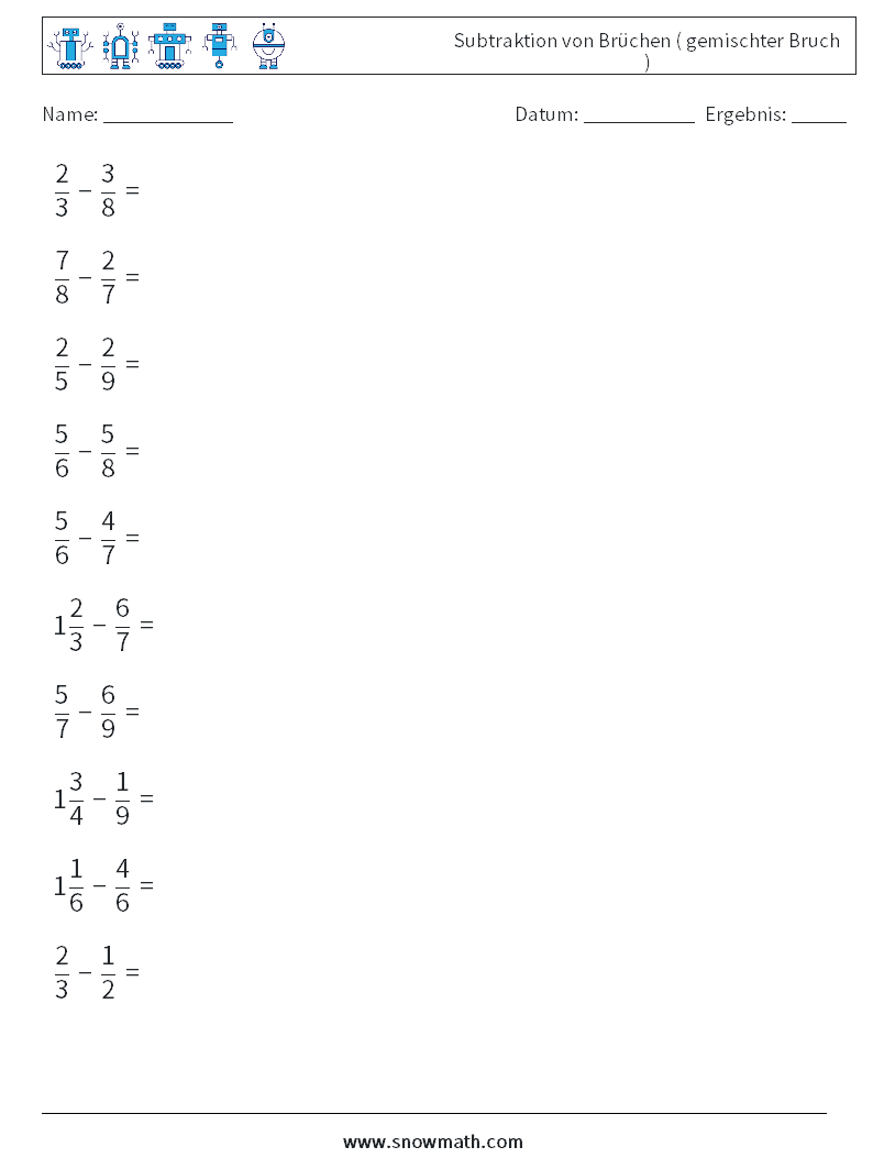 (10) Subtraktion von Brüchen ( gemischter Bruch ) Mathe-Arbeitsblätter 17