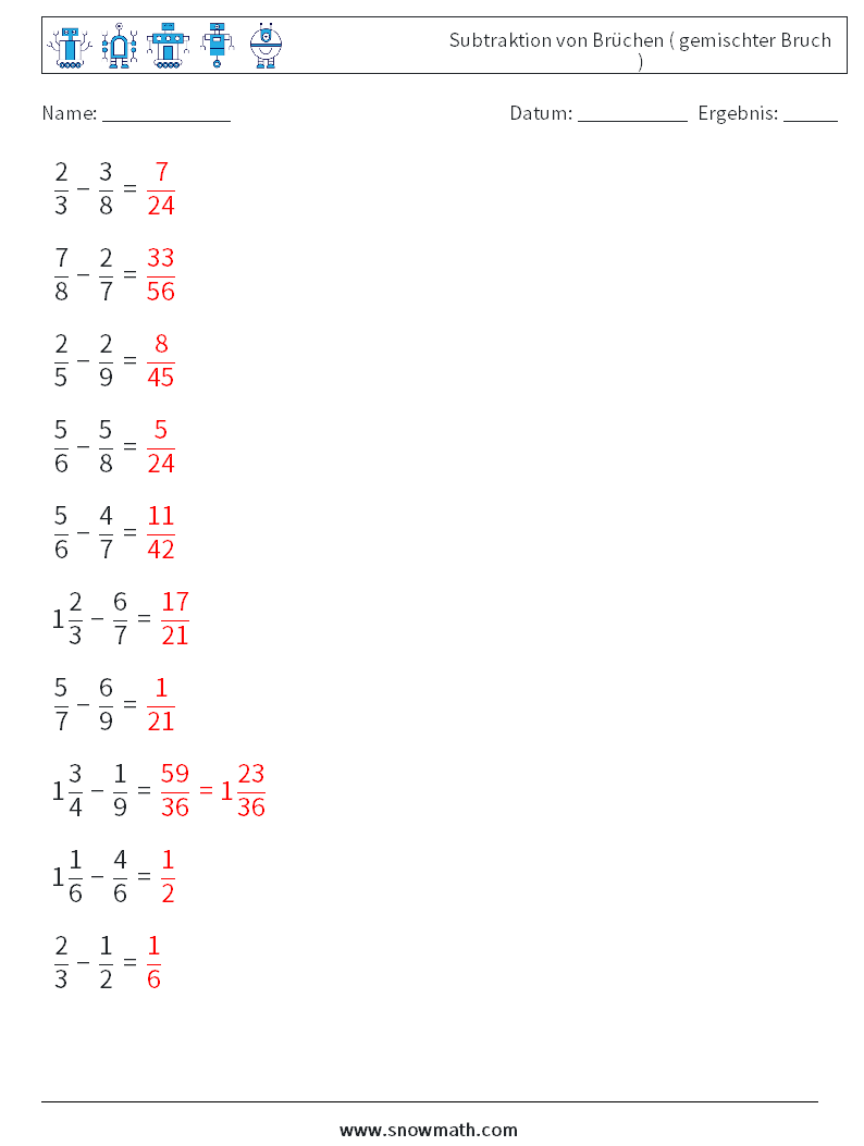 (10) Subtraktion von Brüchen ( gemischter Bruch ) Mathe-Arbeitsblätter 17 Frage, Antwort