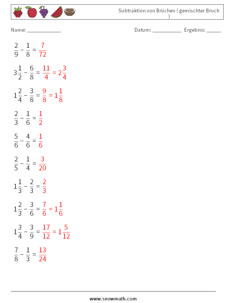 (10) Subtraktion von Brüchen ( gemischter Bruch ) Mathe-Arbeitsblätter 18 Frage, Antwort