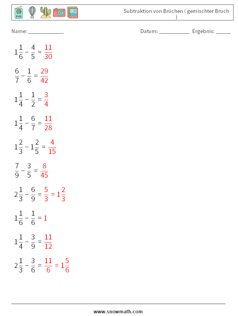 (10) Subtraktion von Brüchen ( gemischter Bruch ) Mathe-Arbeitsblätter 1 Frage, Antwort