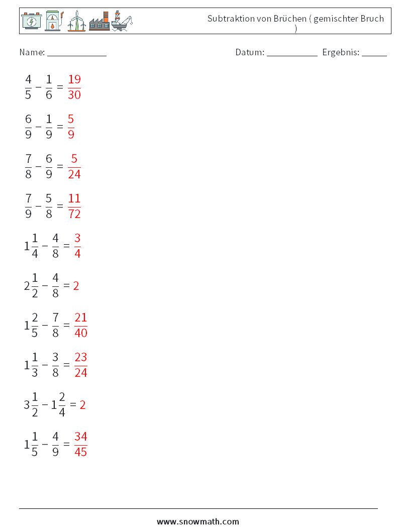 (10) Subtraktion von Brüchen ( gemischter Bruch ) Mathe-Arbeitsblätter 2 Frage, Antwort