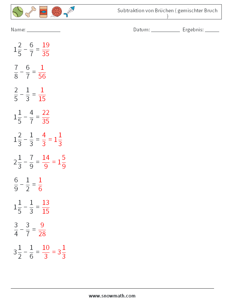 (10) Subtraktion von Brüchen ( gemischter Bruch ) Mathe-Arbeitsblätter 3 Frage, Antwort