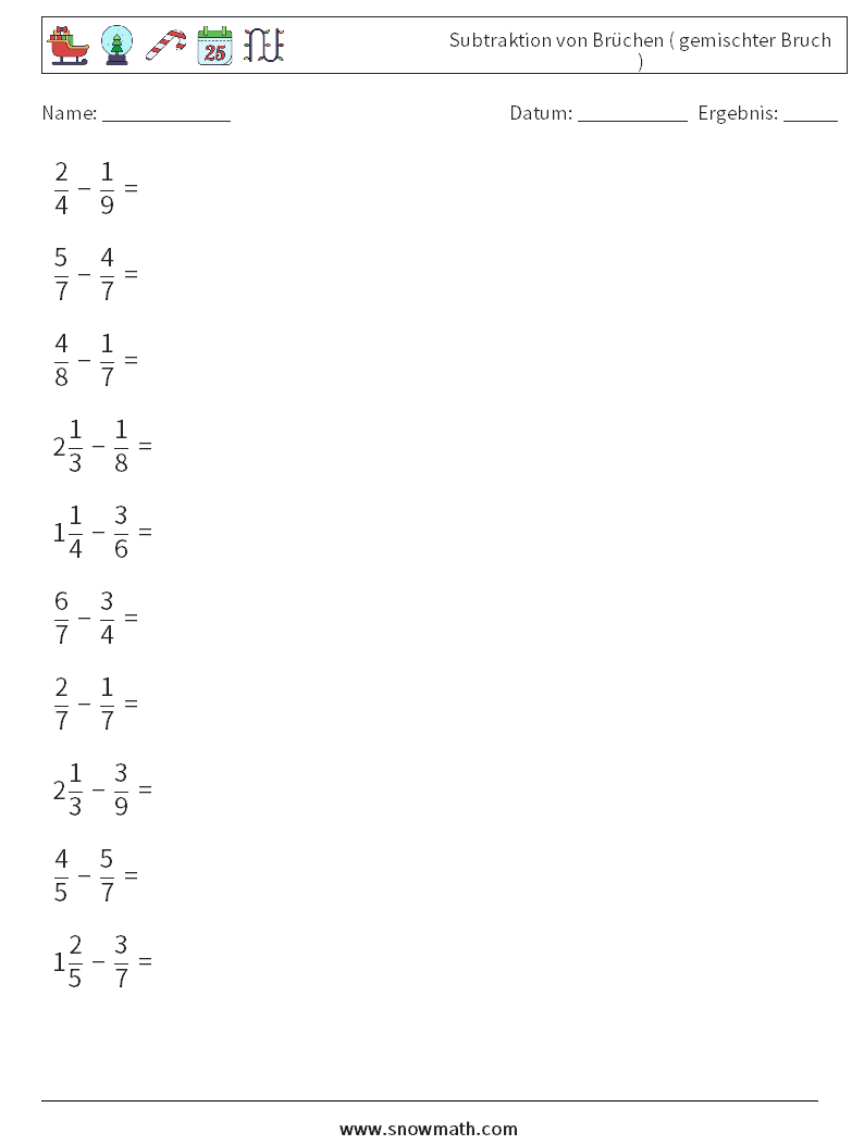 (10) Subtraktion von Brüchen ( gemischter Bruch ) Mathe-Arbeitsblätter 4