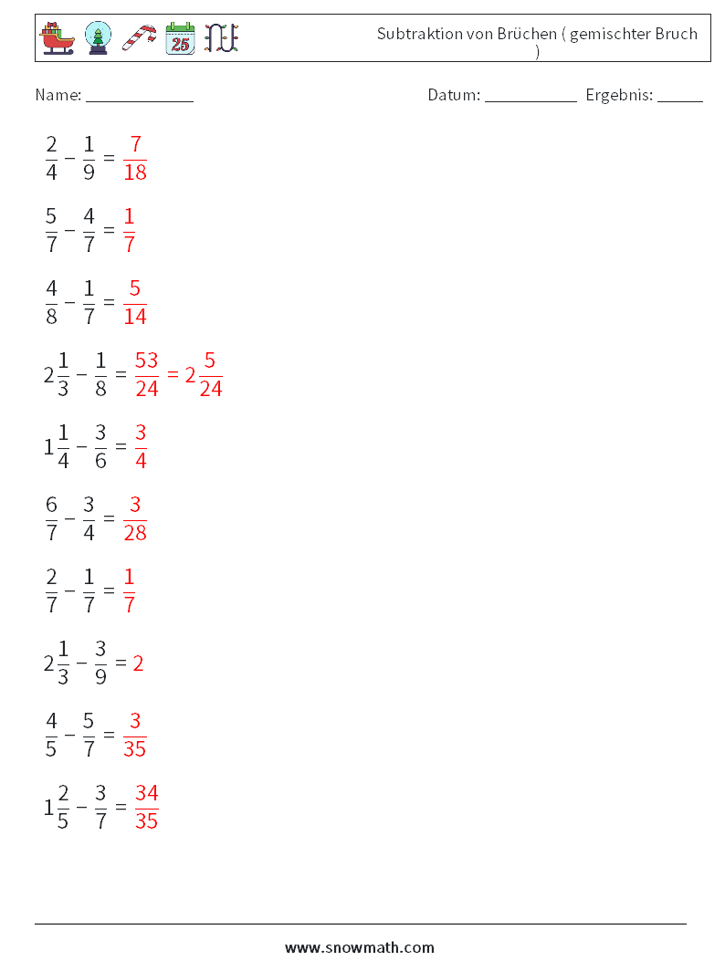 (10) Subtraktion von Brüchen ( gemischter Bruch ) Mathe-Arbeitsblätter 4 Frage, Antwort