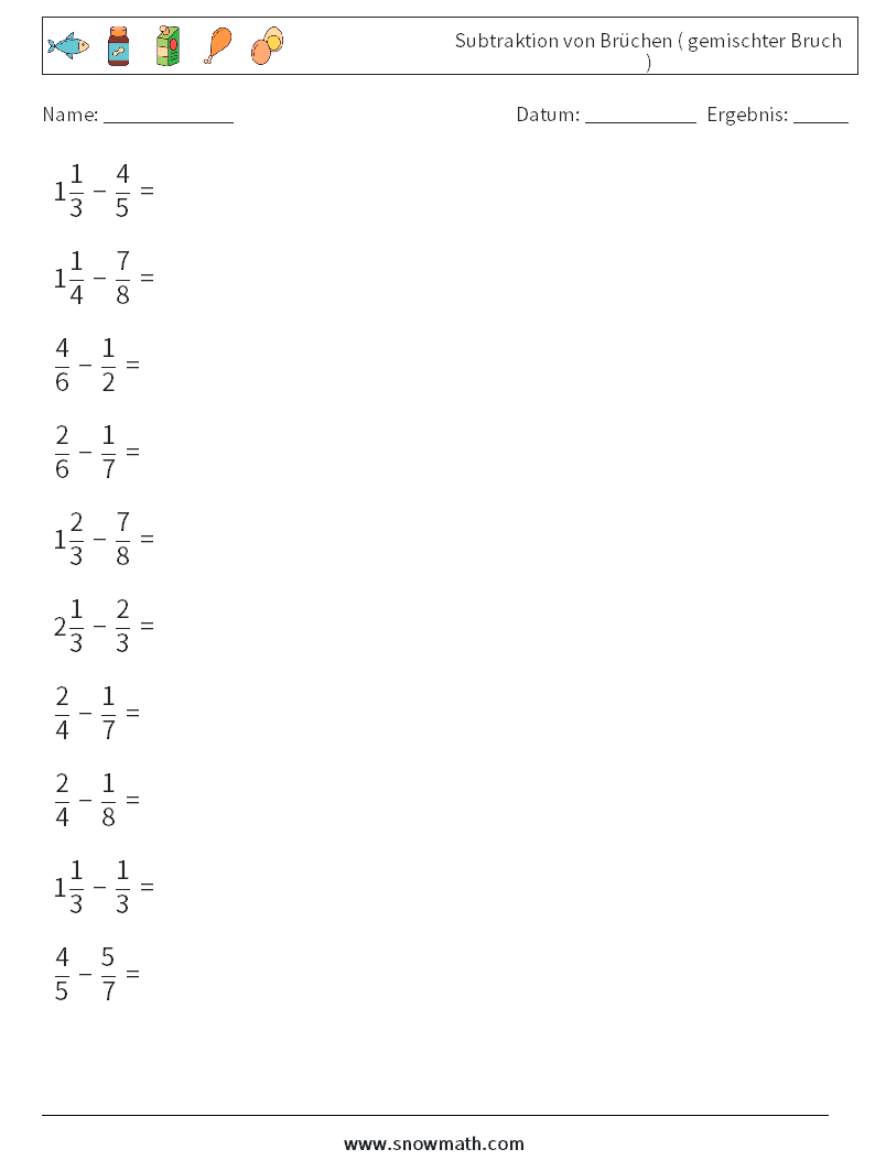 (10) Subtraktion von Brüchen ( gemischter Bruch ) Mathe-Arbeitsblätter 5